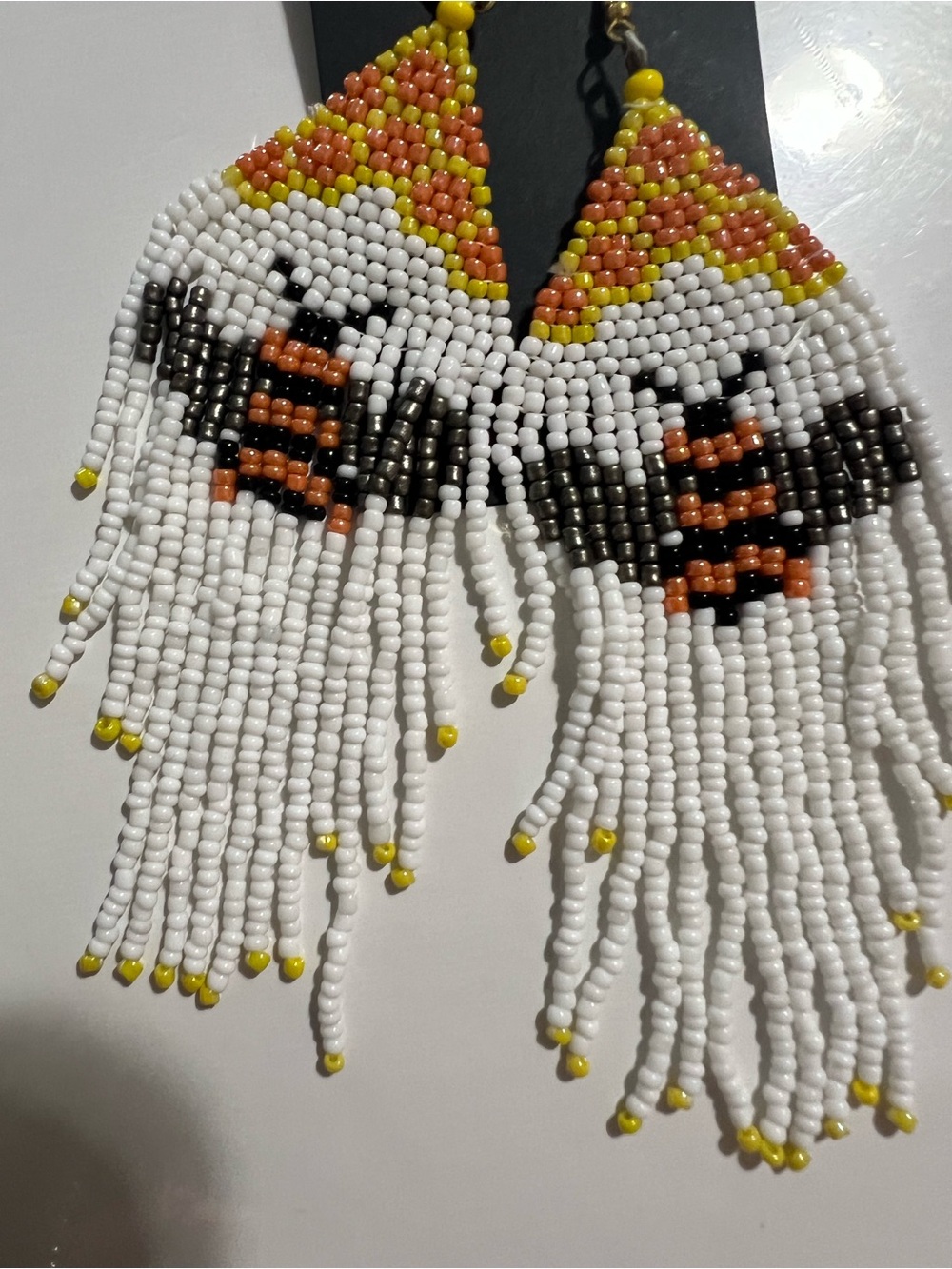 Handmade White Beaded Fringe Earrings with Yellow & Black Bee Accent - Picture 3 of 3